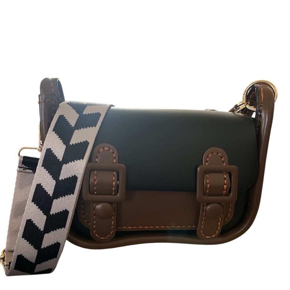 Stylish Brown and Black Crossbody Bag with Patterned Strap
